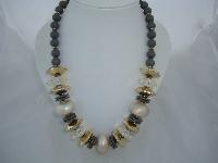 Vintage 70s Chunky Grey Gold & Faux Pearl Bead Necklace