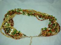 1950s Style 14 Row Amber Green Cream Bead Necklace WOW