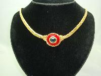 Vintage 80s Red Enamel Blue Diamante Gold Necklace   