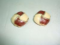Vintage 80s Quality 2 Tone Cream + Brown Enamel Gold Clip On Earrings 