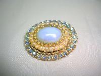 Vintage 50s Blue Glass & AB Diamante Pearl Oval Brooch