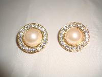 1980s Round Faux Pearl & Diamante Clip On Gold Earrings