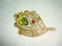 1950s Green Citrine Orange Diamante Floral Leaf Brooch 
