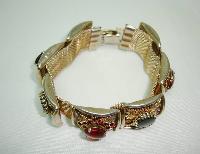 Vintage 50s Wide Gold Link Red & Black Diamante Bracelet 