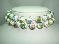 White Green Blue & Gold Cloisonne Flower Bead Necklace