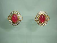 1980s Diamante and Red Cabochon Glass Clip On Gold Earrings - Quality 