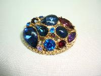 Vintage 50s Sphinx Purple & Blue Glass Diamante Domed Gold Brooch