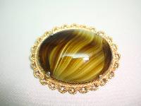 Vintage 50s Signed Sphinx Large Domed Green Agate Glass Gold Brooch 