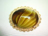 Vintage 50s Signed Sphinx Large Domed Green Agate Glass Gold Brooch 