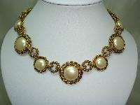 1980s Chunky Faux Pearl and Gold Chain Link Collar Necklace Stunning!