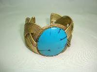 Unique Wide Pleated Style Gold Cuff Bangle with Large Turquoise Stone