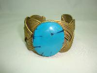 Unique Wide Pleated Style Gold Cuff Bangle with Large Turquoise Stone