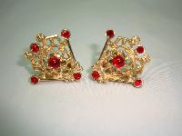 Vintage 60s Signed Sarah Cov Fab Red Diamante Gold Clip On Earrings 