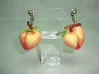 Vintage 50s Adorable Silk Peach Fruit Brooch and Clip On Earrings Set