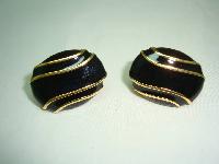 Vintage 80s Signed Napier Black Enamel and Gold Oval Clip On Earrings