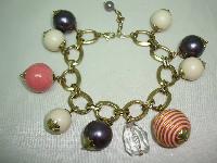 Vintage 50s Style Chunky Cream Pink Purple Glass Bead Charm Bracelet