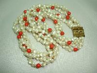 Vintage 50s Pretty 4 Row Faux Pearl and Orange Bead Torsade Necklace