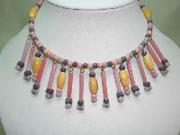 1960s Pink and Grey Glass and Wood Bead Drop Flexible Choker Necklace 