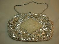 Vintage 50s Silver Sequin and Cream Lucite Flower Evening Bead Handbag