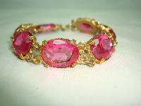 Vintage 50s Sparkling Large Pink Glass Paste Goldtone Bracelet Wow!
