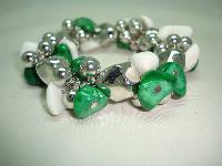 Fab Green and White Semi Precious Bead Silver Bauble Stretch Bracelet