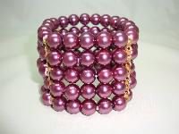 Beautiful Wide Purple Faux Glass Pearl Bead Stretch Cuff Bracelet Fab!