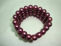 Beautiful Wide Purple Faux Glass Pearl Bead Stretch Cuff Bracelet Fab!