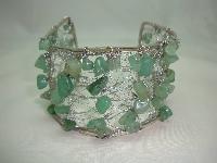 Unique Wide Knitted Wire Green Jade Bead Silvertone Cuff Bracelet 