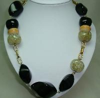Signed Jaeger Contemporary Chunky Black Taupe Bead Gold Chain Necklace