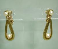 Vintage 80s Signed Napier Faux Pearl Gold Dangle Drop Clip on Earrings