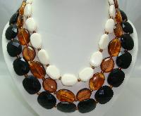 Vintage 50s Style 3 Row Chunky Black Amber Cream Bead Necklace