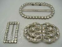 Vintage 70s Three Sparkling Diamante Silver Buckles FAB
