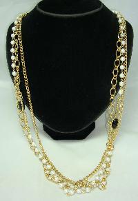 £17.00 - Vintage 80s 3 Row Gold Chain & Faux Pearl Bead Necklace
