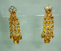 1950s Sparkling Citrine Amber Diamante Dangle Tassel Clip On Earrings
