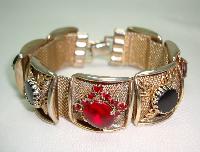 Vintage 50s Wide Gold Link Red & Black Diamante Bracelet 
