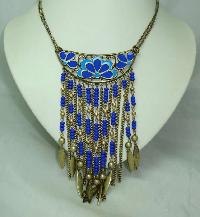 Vintage 70s Style Blue Enamel Flower Tassel Boho Statement Necklace 