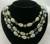 Vintage 50s 3 Row Faux Pearl Green Glass Bead Necklace