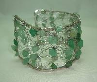 Unique Wide Knitted Wire Green Jade Bead Silvertone Cuff Bracelet 