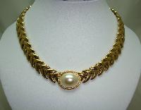 £35.00 - Vintage 80s Quality Wide Gold and Faux Pearl Fancy Collar Necklace 