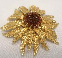 £19.00 - Vintage 60s Signed Sarah Cov Fabulous Gold Amber Glass Flower Brooch 