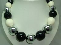 1970s Style Chunky Black Silver Cream Bead Necklace WOW