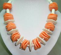 £28.00 - 1960s Chunky White and Orange Lucite Swirl Disc Bead Garland Necklace