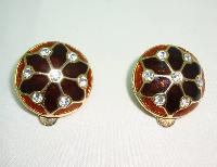 £18.00 - Vintage 80s Quality Domed Brown Gold Enamel Diamante Clip On Earrings