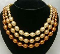 Vintage 50s 3 Row Shades of Cream and Gold Faux Pearl Bead Necklace