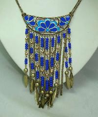 Vintage 70s Style Blue Enamel Flower Tassel Boho Statement Necklace 