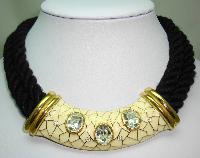 Designer 80s Chunky Two Row Black Cord Cream Enamel Diamante Necklace