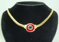 Vintage 80s Red Enamel Blue Diamante Gold Necklace   