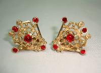 £12.00 - Vintage 60s Signed Sarah Cov Fab Red Diamante Gold Clip On Earrings 