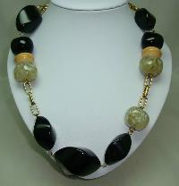 Signed Jaeger Contemporary Chunky Black Taupe Bead Gold Chain Necklace