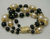 £19.00 - Vintage 80s Fab 3 Row Black Glass and Faux Pearl Bead Gold Bracelet